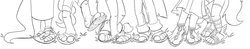 Size: 4614x903 | Tagged: safe, artist:kuroi-wolf, applejack, fluttershy, pinkie pie, rainbow dash, rarity, twilight sparkle, anthro, plantigrade anthro, g4, barefoot, barefoot sandals, clothes, commission, denim, feet, feet everywhere, jeans, lineart, long pants, mane six, monochrome, pants, sandals
