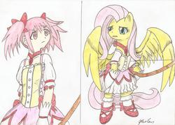 Size: 2320x1662 | Tagged: safe, artist:stardustchild01, fluttershy, g4, bow (weapon), clothes, crossover, madoka kaname, magical girl, puella magi madoka magica, simple background, traditional art, weapon