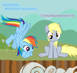 Size: 899x857 | Tagged: safe, artist:fonypan, derpy hooves, dinky hooves, rainbow dash, pegasus, pony, g4, dialogue, dinkybuse, duo, equestria's best mother, equestria's worst mother, female, flying lesson, implied death, implied dinky, mare, this will end in tears, this will end in tears and/or death, we are going to hell