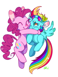 Size: 1500x2000 | Tagged: safe, artist:dannie, pinkie pie, rainbow dash, g4, crushing, eyes closed, female, hape, hug, lesbian, open mouth, pain, pixiv, rubbing, ship:pinkiedash, shipping, smiling, spread wings, suffocating, wide eyes