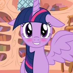 Size: 600x600 | Tagged: safe, artist:fragnostic, twilight sparkle, alicorn, pony, g4, blushing, female, floppy ears, golden oaks library, grin, looking at you, mare, one wing out, one winged alicorn, smiling, solo, twilight sparkle (alicorn)