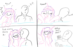 Size: 2528x1616 | Tagged: safe, artist:frikdikulous, princess cadance, oc, oc:anon, alicorn, human, pony, g4, bed, blanket, chest fluff, colored lineart, comic, dialogue, female, handwritten text, human male, lineart, looking at each other, looking at someone, lying down, male, on back, on side, onomatopoeia, open mouth, shocked, simple background, sketch, sleeping, sound effects, spread wings, straight, surprised, talking, waking up, wings, yawn, zzz