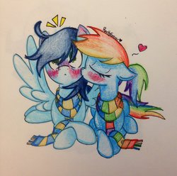 Size: 1024x1016 | Tagged: safe, artist:dreamyeevee, rainbow dash, soarin', g4, alternate hairstyle, blushing, cheek kiss, clothes, eyes closed, female, kissing, male, ponytail, scarf, ship:soarindash, shipping, spread wings, straight, surprise kiss, surprised, traditional art, wingboner
