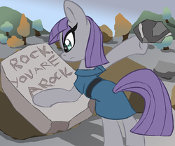 Size: 538x448 | Tagged: safe, artist:supersheep64, maud pie, earth pony, pony, g4, maud pie (episode), chiseling, clothes, eyeshadow, female, lidded eyes, makeup, mare, poetry, rear view, rock, solo, stone, tablet, tail, tail hole