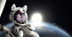 Size: 3500x1800 | Tagged: safe, artist:whitepone, twilight sparkle, pony, unicorn, g4, astronaut, debris, earth, female, gravity (movie), mare, solo, space, spacesuit, sun, unicorn twilight