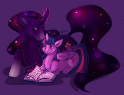 Size: 866x665 | Tagged: safe, artist:vexingly-yours, twilight sparkle, oc, alicorn, pony, g4, book, purple background, simple background, twilight sparkle (alicorn)