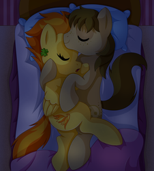 Size: 1139x1259 | Tagged: safe, artist:mintystitch, spitfire, oc, oc:chocolate chips, earth pony, pegasus, pony, g4, bed, canon x oc, clover, commission, cuddling, cute, duo, eyes closed, female, firechips, four leaf clover, freckles, love, male, mare, shipping, sleeping, snuggling, stallion, straight