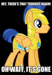 Size: 1862x2687 | Tagged: safe, flash sentry, pegasus, pony, g4, armor, black background, cody lambert, exploitable meme, idiot sentry, image macro, male, meme, royal guard armor, simple background, solo, stallion, step by step