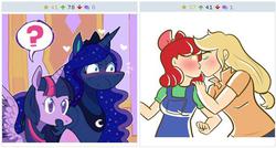 Size: 512x275 | Tagged: artist needed, safe, artist:php52, apple bloom, applejack, princess luna, twilight sparkle, alicorn, human, pony, derpibooru, g4, applecest, blushing, bushy brows, exploitable meme, female, humanized, incest, juxtaposition, juxtaposition win, kissing, lesbian, mare, meme, meta, older, ship:bloomjack, shipping, thick eyebrows, twilight sparkle (alicorn)