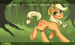 Size: 1280x775 | Tagged: safe, artist:arielstatchwick, applejack, g4, female, looking at you, solo, tree