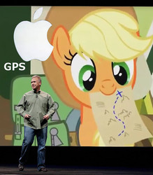 Size: 620x709 | Tagged: safe, edit, applejack, human, g4, apple (company), gps, irl, irl human, phil shiller, photo, product unveiling