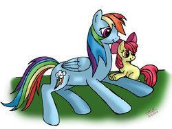 Size: 1024x768 | Tagged: safe, artist:lavenderrain24, apple bloom, rainbow dash, g4, cute, duo, grass