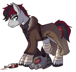 Size: 550x520 | Tagged: safe, artist:lulubell, oc, oc only, pony, fallout equestria, bottle, clothes, coat, fallout, helmet, ncr, ncr ranger, new canterlot republic, nuka cola, simple background, solo, transparent background