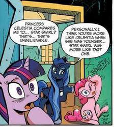 Size: 291x325 | Tagged: safe, artist:andy price, idw, pinkie pie, princess luna, star swirl the bearded, twilight sparkle, alicorn, pony, g4, spoiler:comic, spoiler:comic17, comic, discussion in the comments, female, harsher in hindsight, mare, twilight sparkle (alicorn), wat, wtf