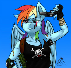 Size: 500x478 | Tagged: safe, artist:pia-sama, rainbow dash, anthro, comic:rogue diamond, g4, armpits, badass, clothes, female, fingerless gloves, gloves, gun, no trigger discipline, revy dash, solo, this will end in death