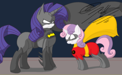 Size: 948x586 | Tagged: safe, artist:watergod159, rarity, sweetie belle, g4, batman, batmare, crossover, dc comics, parody, robin