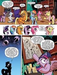 Size: 1397x1857 | Tagged: safe, artist:andypriceart, idw, applejack, fluttershy, pinkie pie, princess celestia, rainbow dash, rarity, twilight sparkle, alicorn, pony, g4, spoiler:comic, spoiler:comic17, eyes closed, feather, female, floppy ears, looking up, mane 6 interests, mane six, mare, meme, meme origin, open mouth, pointing, raised leg, smiling, spread wings, sweat, twilight sparkle (alicorn), wide eyes