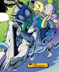 Size: 865x1055 | Tagged: safe, artist:andypriceart, idw, fluttershy, princess celestia, princess luna, spike, alicorn, dragon, pony, g4, spoiler:comic, spoiler:comic17, cradling, crying, eyes closed, female, gritted teeth, magic mirror, male, mare, open mouth, reflections drama, unconscious, wide eyes