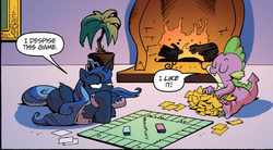Size: 950x524 | Tagged: safe, idw, official comic, princess luna, spike, alicorn, dragon, pony, g4, spoiler:comic, spoiler:comic17, board game, duo, female, male, mare, monopoly, monopony