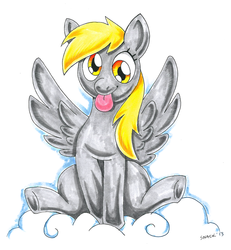 Size: 646x700 | Tagged: safe, artist:snacky-bites, derpy hooves, pegasus, pony, g4, :p, cloud, female, mare, sitting, solo, traditional art