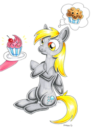 Size: 575x800 | Tagged: safe, artist:snacky-bites, derpy hooves, pegasus, pony, g4, crossed arms, cupcake, cupcakes vs muffins, female, mare, muffin, thought bubble, traditional art