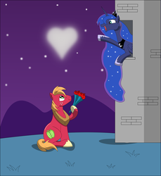 Size: 4583x5000 | Tagged: safe, artist:brunursus, big macintosh, princess luna, earth pony, pony, g4, absurd resolution, flower, heart, male, rose, ship:lunamac, shipping, stallion, straight