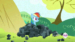 Size: 640x360 | Tagged: safe, screencap, rainbow dash, pegasus, pony, g4, maud pie (episode), season 4, all new, animated, crossed hooves, female, frown, gif, glare, hub logo, oh come on, rock, sitting, solo, spread wings, subtitles, text, throwing
