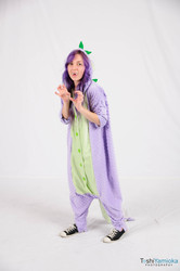 Size: 1275x1920 | Tagged: safe, artist:toshiyamioka, spike, human, g4, 2013, barb, clothes, convention, cosplay, fangs, irl, irl human, kigurumi, onesie, photo, rule 63, san japan, solo