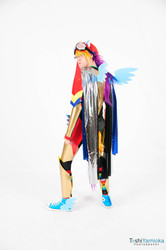 Size: 1275x1920 | Tagged: safe, artist:toshiyamioka, rainbow dash, human, g4, 2013, armor, convention, converse, cosplay, glasses, goggles, irl, irl human, photo, san japan, solo, winged shoes