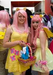 Size: 1936x2701 | Tagged: artist needed, safe, fluttershy, human, g4, 2013, basket, convention, cosplay, irl, irl human, london mcm expo, photo, plushie