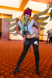 Size: 667x1000 | Tagged: safe, artist:emiryun, rainbow dash, human, g4, 2013, artificial wings, augmented, belly button, cosplay, goggles, irl, irl human, mechanical wing, midriff, photo, saboten con, solo, steampunk, wings