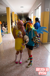 Size: 1424x2136 | Tagged: safe, angel bunny, fluttershy, rainbow dash, human, g4, clothes, converse, cosplay, irl, irl human, photo, rainbow socks, sneakers, socks, striped socks