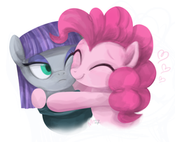 Size: 620x504 | Tagged: safe, artist:mn27, maud pie, pinkie pie, g4, cute, eyes closed, heart, hug, nuzzling, smiling, wink