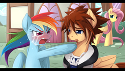 Size: 1500x843 | Tagged: safe, artist:jinzhan, fluttershy, rainbow dash, fanfic:kingdom hearts of harmony, g4, angry, crossover, crying, disney, glare, kingdom hearts, kingdom hearts of harmony, letterboxing, observer, open mouth, pointing, ponified, sad, sora