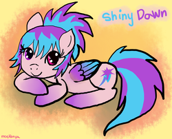 Size: 1605x1294 | Tagged: safe, artist:moekonya, oc, oc only, oc:shiny dawn, pegasus, pony, colored wings, gradient hooves, gradient wings, heterochromia, looking at you, prone, smiling, solo