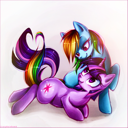 Size: 1082x1082 | Tagged: safe, artist:crazyrainbow0, rainbow dash, twilight sparkle, pony, unicorn, g4, bedroom eyes, female, grin, lesbian, looking at each other, lying down, mare, ship:twidash, shipping, smiling