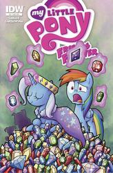 Size: 599x911 | Tagged: safe, artist:agnes garbowska, idw, rainbow dash, trixie, diamond dog, g4, my little pony: friends forever, comic, cover, crown, jewelry, queen trixiana the first, regalia