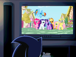 Size: 796x598 | Tagged: safe, applejack, fluttershy, pinkie pie, rainbow dash, rarity, twilight sparkle, g4, crossover, exploitable meme, mane six, meme, mi-ra-i, opening, ponyville, remote, sonic the hedgehog, sonic the hedgehog (series), sonic watches tv, sonic x, television, youtube link