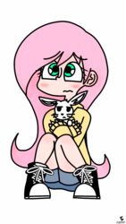 Size: 720x1280 | Tagged: safe, artist:gasplanet, angel bunny, fluttershy, human, g4, blushing, clothes, converse, humanized, shoes, sweater, sweatershy