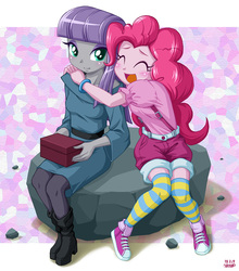 Size: 793x900 | Tagged: safe, artist:uotapo, maud pie, pinkie pie, equestria girls, g4, maud pie (episode), season 4, blushing, boots, clothes, cute, diapinkes, eyes closed, female, hug, maudabetes, open mouth, puffy sleeves, shoes, shorts, sitting, smiling, sneakers, socks, striped socks, suspenders, uotapo is trying to murder us, when she smiles