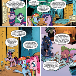 Size: 562x559 | Tagged: safe, idw, official comic, fluttershy, pinkie pie, princess luna, rainbow dash, rarity, spike, twilight sparkle, alicorn, pony, g4, spoiler:comic, spoiler:comic17, board game, female, mare, raised hoof, scrabble, thesaurus, tongue out, twilight sparkle (alicorn)