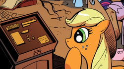 Size: 331x185 | Tagged: safe, idw, official comic, applejack, friendship is magic #17, g4, spoiler:comic, golden gun, gun, james bond, pistol, the man with the golden gun