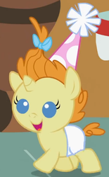 Size: 260x419 | Tagged: safe, screencap, pumpkin cake, pony, baby cakes, g4, baby, baby pony, cute, diaper, diapered, diapered filly, female, filly, happy, happy baby, hat, one month old filly, open mouth, party hat, smiling, solo, walking, white diaper