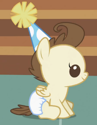 Size: 299x385 | Tagged: safe, screencap, pound cake, pony, baby cakes, g4, baby, baby pony, colt, cute, diaper, diapered, diapered colt, happy, happy baby, hat, male, one month old colt, party hat, sitting, solo, white diaper