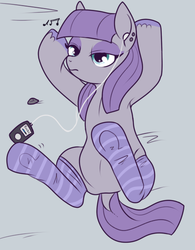 Size: 450x577 | Tagged: safe, artist:lulubell, maud pie, earth pony, pony, g4, maud pie (episode), clothes, female, ipod, on back, socks, solo, striped socks, underhoof