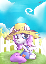 Size: 1700x2361 | Tagged: safe, artist:kyodashiro, rarity, pony, unicorn, g4, simple ways, chibi, cute, female, fence, hat, looking at you, overalls, rarihick, sitting, solo, straw hat
