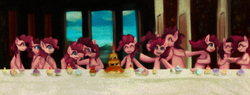 Size: 1000x381 | Tagged: safe, artist:girlieginger, pinkie pie, earth pony, pony, g4, too many pinkie pies, female, fine art parody, mare, multeity, parody, the last supper, too much pink energy is dangerous