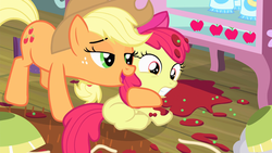 Size: 1920x1080 | Tagged: safe, screencap, apple bloom, applejack, earth pony, pony, g4, my little pony: friendship is magic, somepony to watch over me, female, filly, hug, mare, out of context