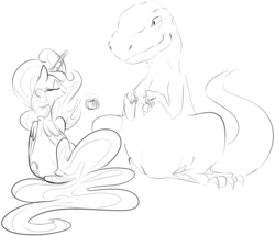 Size: 1280x1099 | Tagged: safe, artist:dotkwa, princess celestia, dinosaur, tyrannosaurus rex, g4, grayscale, monochrome, tea