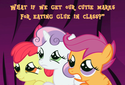 Size: 1280x875 | Tagged: safe, apple bloom, scootaloo, sweetie belle, earth pony, pegasus, pony, unicorn, g4, cutie mark crusaders, female, filly, glue, implied cannibalism, scrunchy face